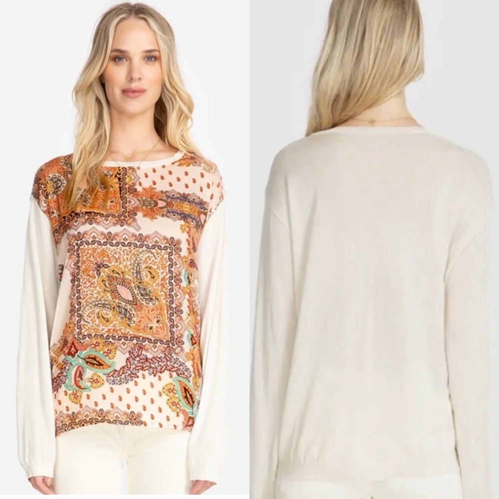 Johnny Was Boho Elodie Scarf Front Lightweight Pullover Top Silk Cashmere Large - Picture 2 of 15